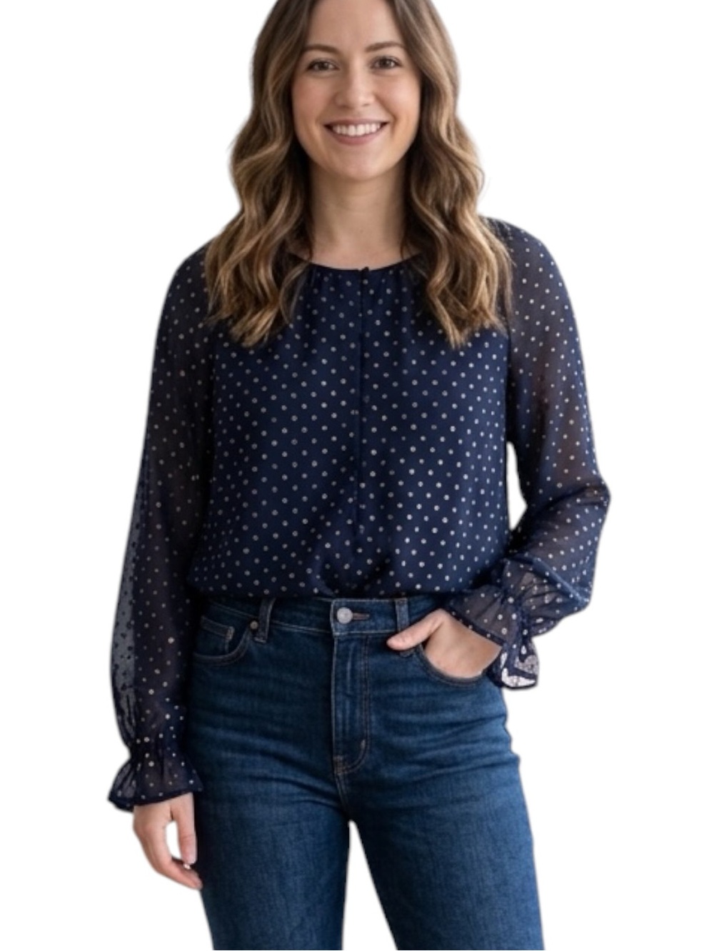 JACK by BB Dakota Navy Gold Metallic Clip Dot Button Front Blouse Small